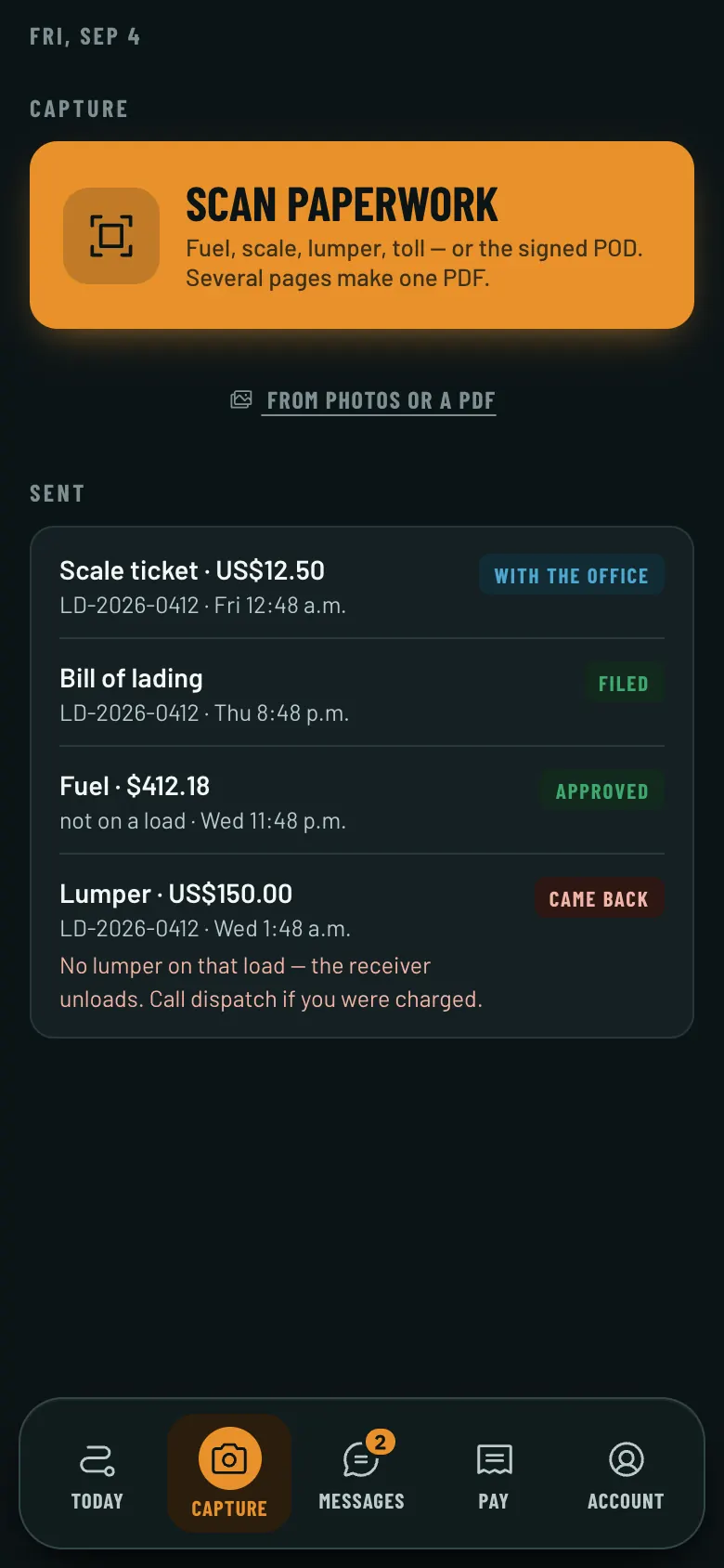The Capture screen of the driver app: a large Scan paperwork button, a link to add from photos or a PDF, and a list of sent documents — a scale ticket with the office, a bill of lading filed, a fuel receipt approved, and a lumper receipt that came back with the office’s reason.