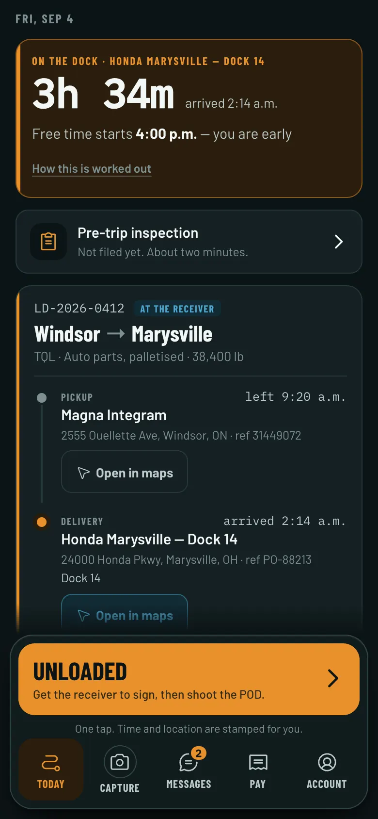 The Today screen of the driver app: a dock clock reading three hours and thirty-four minutes on the dock at Honda Marysville with free time starting at four, a pre-trip inspection row, the load card for Windsor to Marysville with both stops, and one large amber button reading Unloaded.
