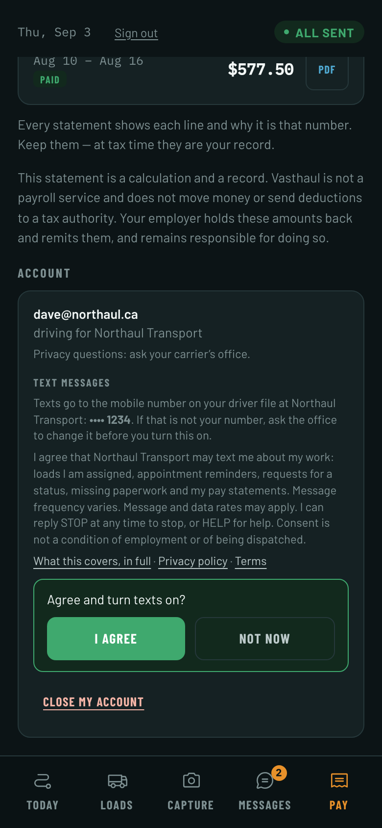 The same panel, expanded. It names the mobile number the texts would go to as its last four digits, then the consent wording in full, then three links — What this covers, in full; Privacy policy; Terms — and then a green box asking Agree and turn texts on? with two buttons, I agree and Not now.
